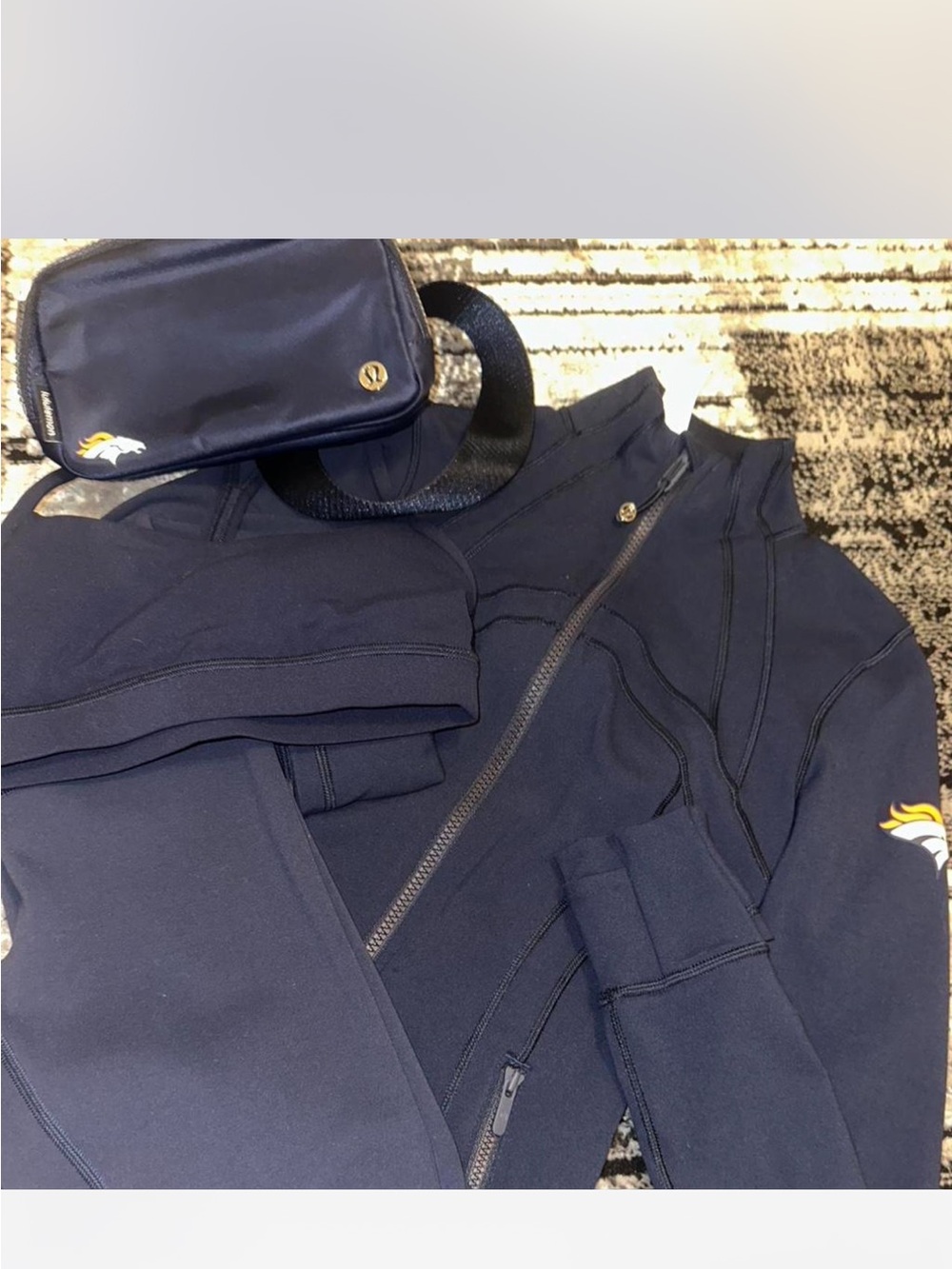 Navy Lululemon Zip Jacket and Accessories with Denver Broncos Patch